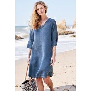 Soft Surroundings “Positano Getaway” Dress Size XS Blue Vneck Tencel Resort Wear